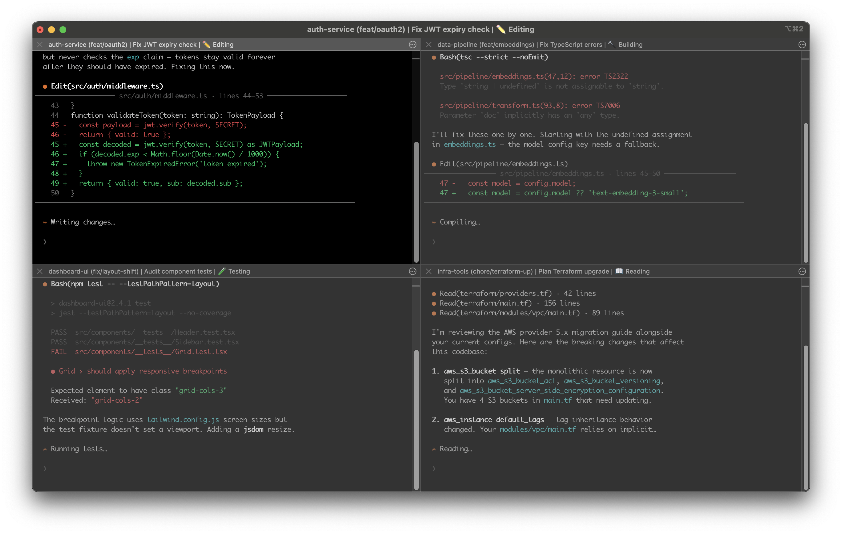 After — branch, task, and live status on each pane