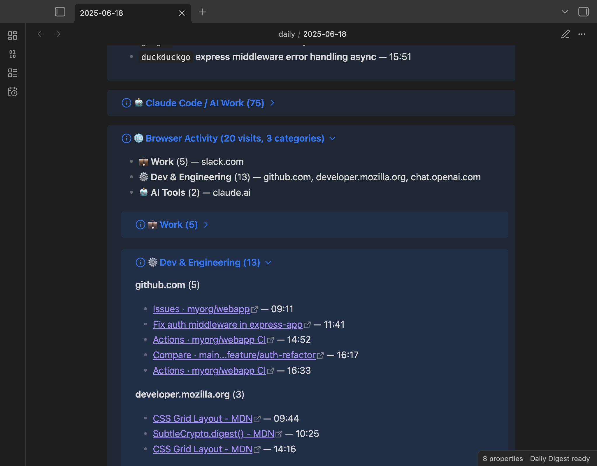 Browser activity categorized and grouped by domain