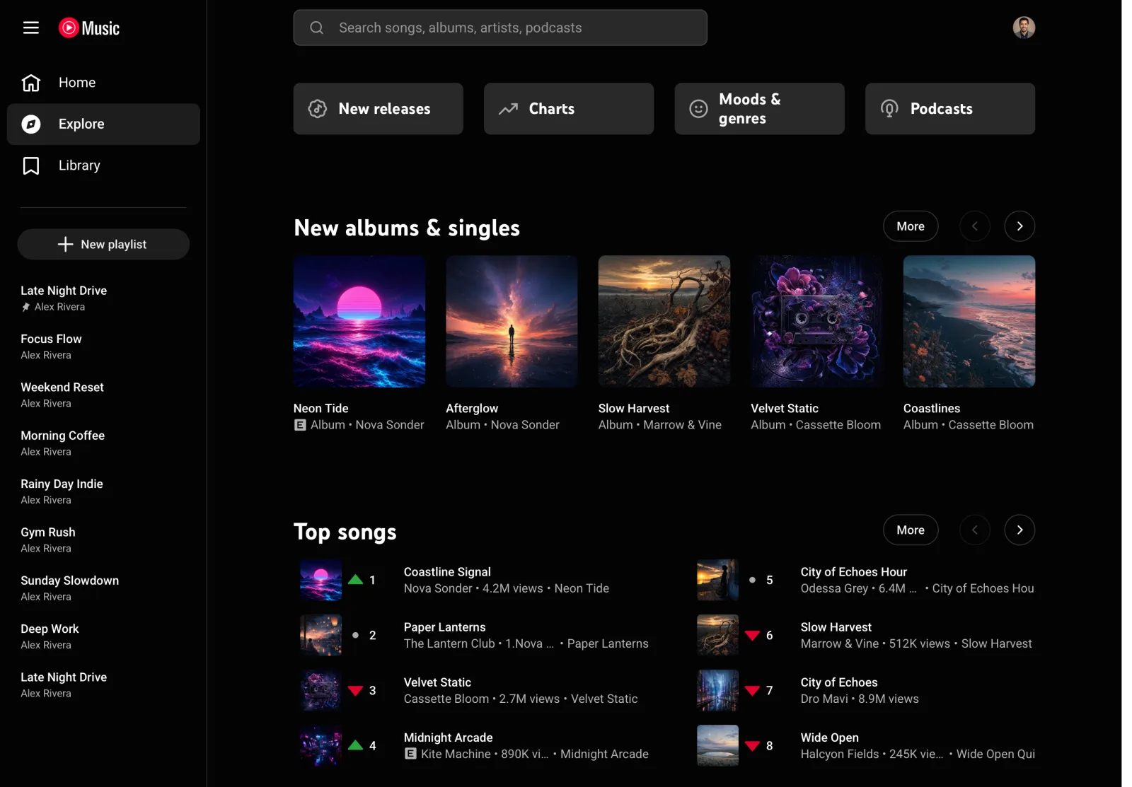 Explore — new albums & singles and top songs, dark theme