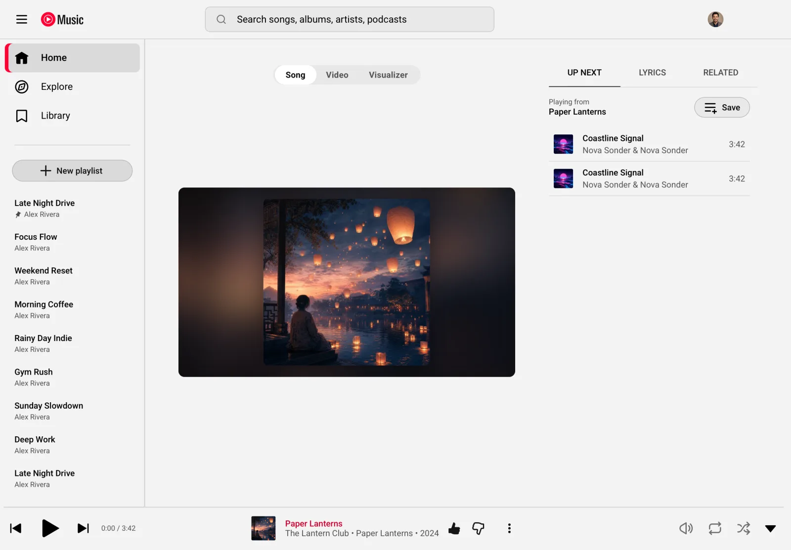 Now playing — album art with the Song / Video / Visualizer toggle, light theme