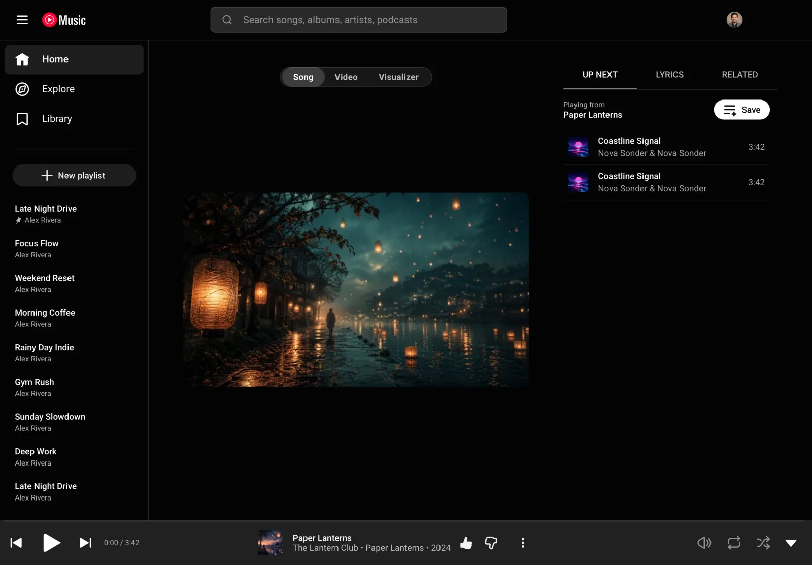 Now playing — music video mode, dark theme